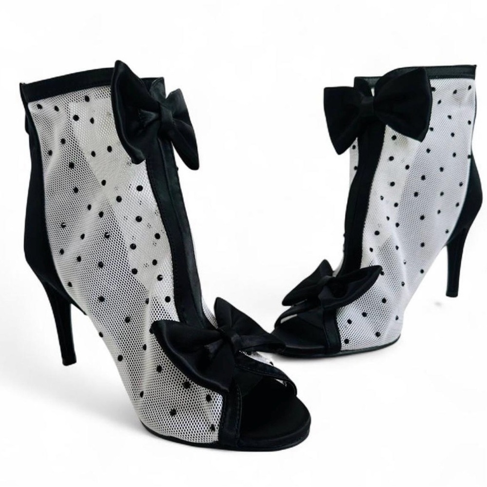 Modern Pinup Mesh Polka Dot Bow-Peep Toe Stiletto Ankle Booties-Rockabilly 50’s